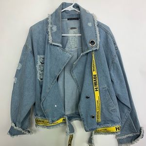 Dolls Kill Caution Distressed Denim Jacket